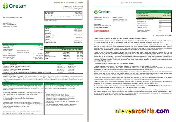 Belgium Crelan bank mortgage statement, 3 pages, 1-2